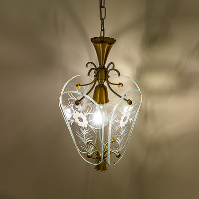 Moderne Mid-Century Quadrilateral Oval Floral Glasschirm Eisenrahmen 1-Licht Pendelleuchte für das Wohnzimmer 