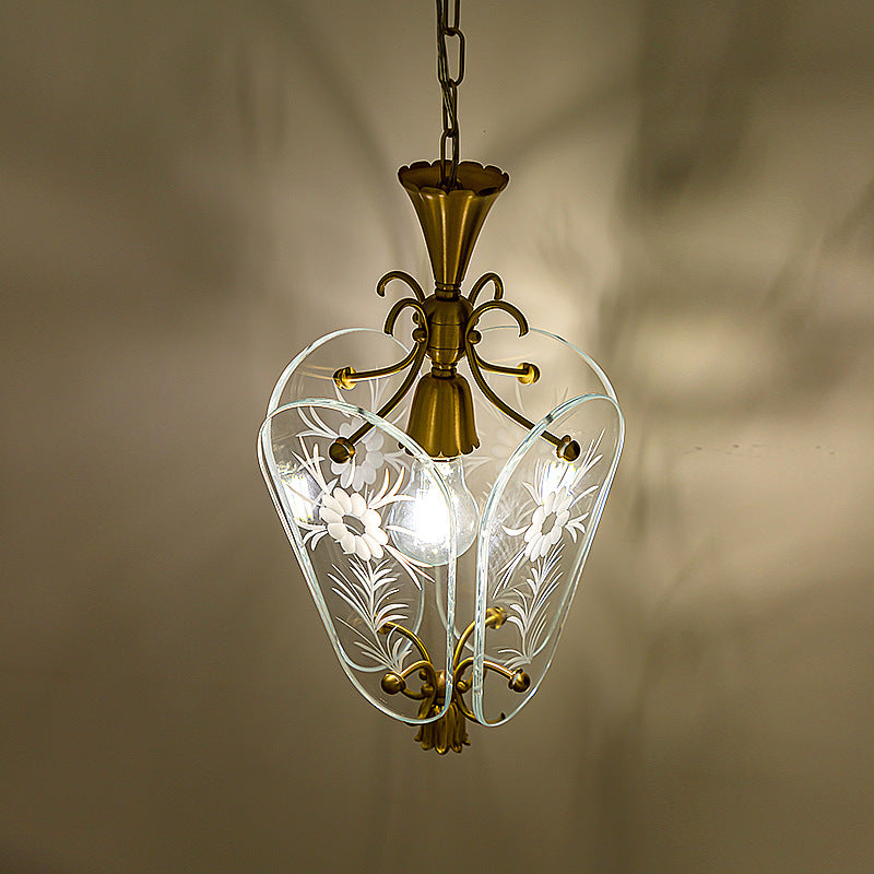 Moderne Mid-Century Quadrilateral Oval Floral Glasschirm Eisenrahmen 1-Licht Pendelleuchte für das Wohnzimmer 
