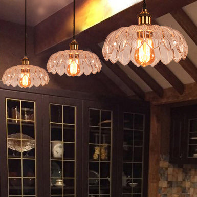 Traditional Chinese Petal Glass Shade Copper Iron 1-Light Pendant Light For Living Room