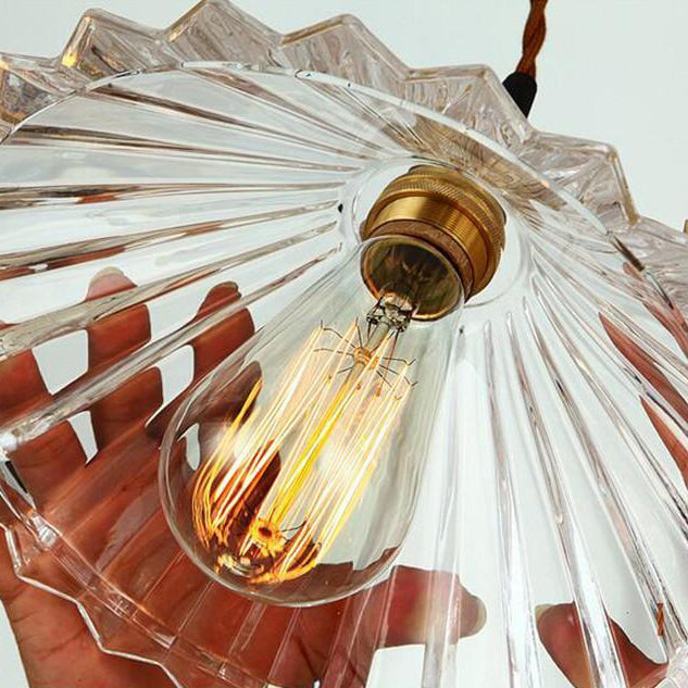 Traditional Chinese Petal Glass Shade Copper Iron 1-Light Pendant Light For Living Room
