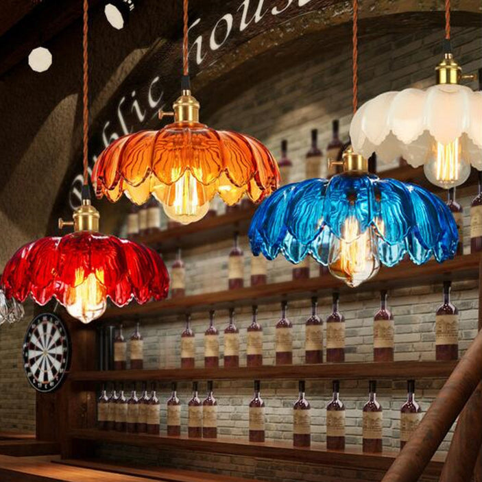 Traditional Chinese Petal Glass Shade Copper Iron 1-Light Pendant Light For Living Room