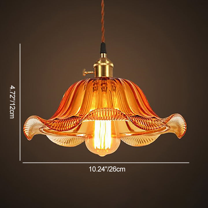 Traditional Chinese Petal Glass Shade Copper Iron 1-Light Pendant Light For Living Room