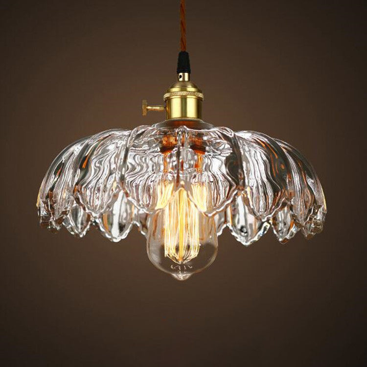 Traditional Chinese Petal Glass Shade Copper Iron 1-Light Pendant Light For Living Room