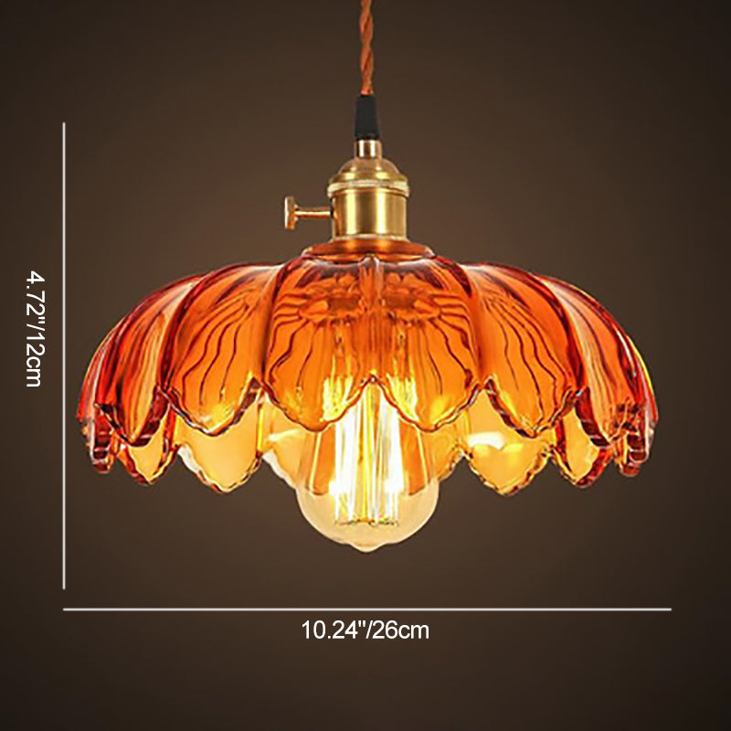 Traditional Chinese Petal Glass Shade Copper Iron 1-Light Pendant Light For Living Room