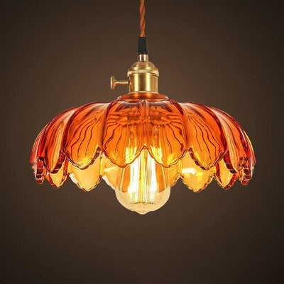 Traditional Chinese Petal Glass Shade Copper Iron 1-Light Pendant Light For Living Room