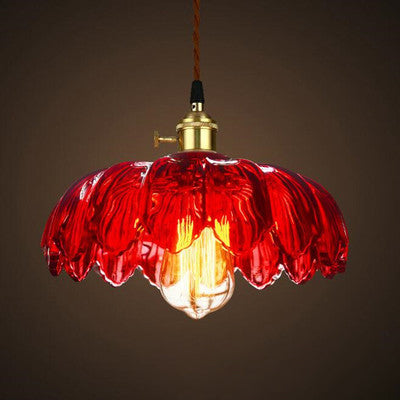 Traditional Chinese Petal Glass Shade Copper Iron 1-Light Pendant Light For Living Room