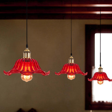 Traditional Chinese Petal Glass Shade Copper Iron 1-Light Pendant Light For Living Room