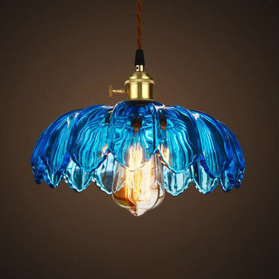 Traditional Chinese Petal Glass Shade Copper Iron 1-Light Pendant Light For Living Room
