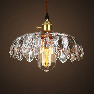 Traditional Chinese Petal Glass Shade Copper Iron 1-Light Pendant Light For Living Room