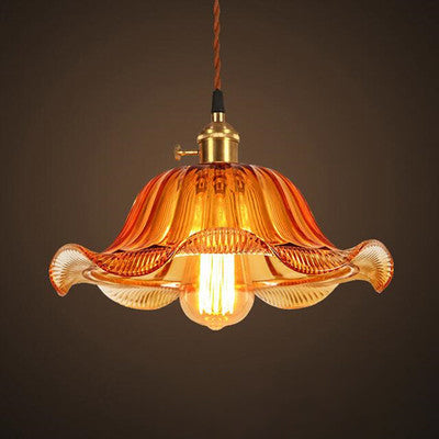 Traditional Chinese Petal Glass Shade Copper Iron 1-Light Pendant Light For Living Room