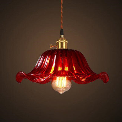 Traditional Chinese Petal Glass Shade Copper Iron 1-Light Pendant Light For Living Room