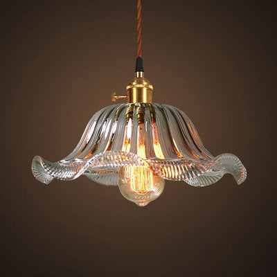 Traditional Chinese Petal Glass Shade Copper Iron 1-Light Pendant Light For Living Room