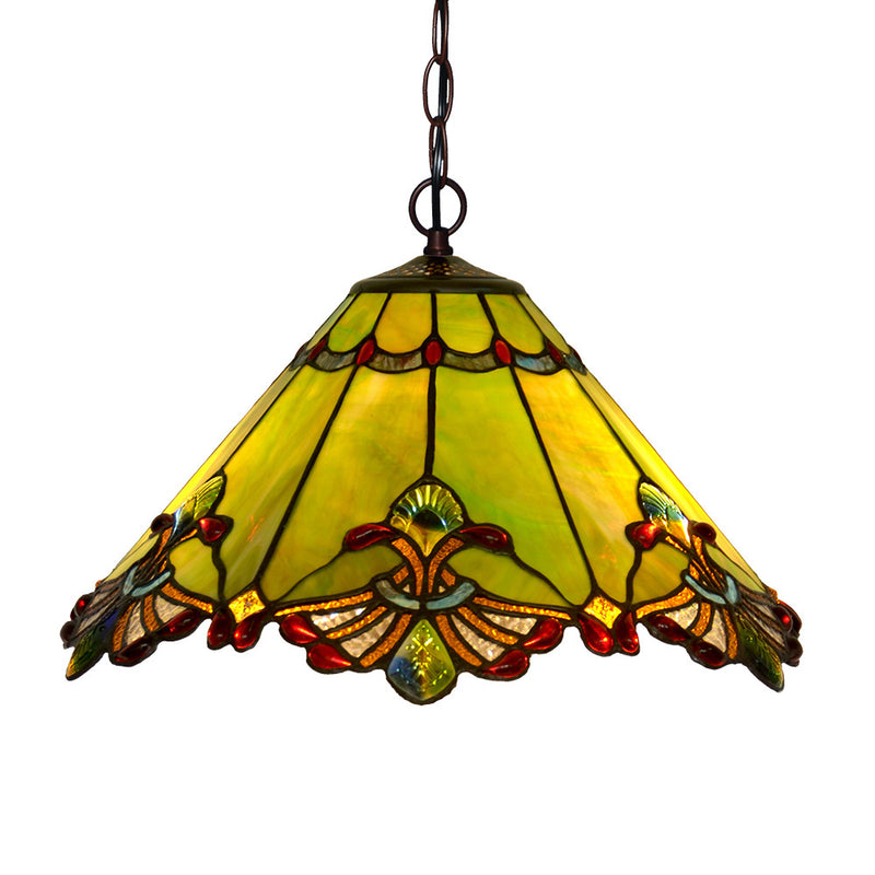 Traditional Tiffany Cone Butterfly Dragonfly Metal Stained Glass 1-Light Pendant Light For Living Room