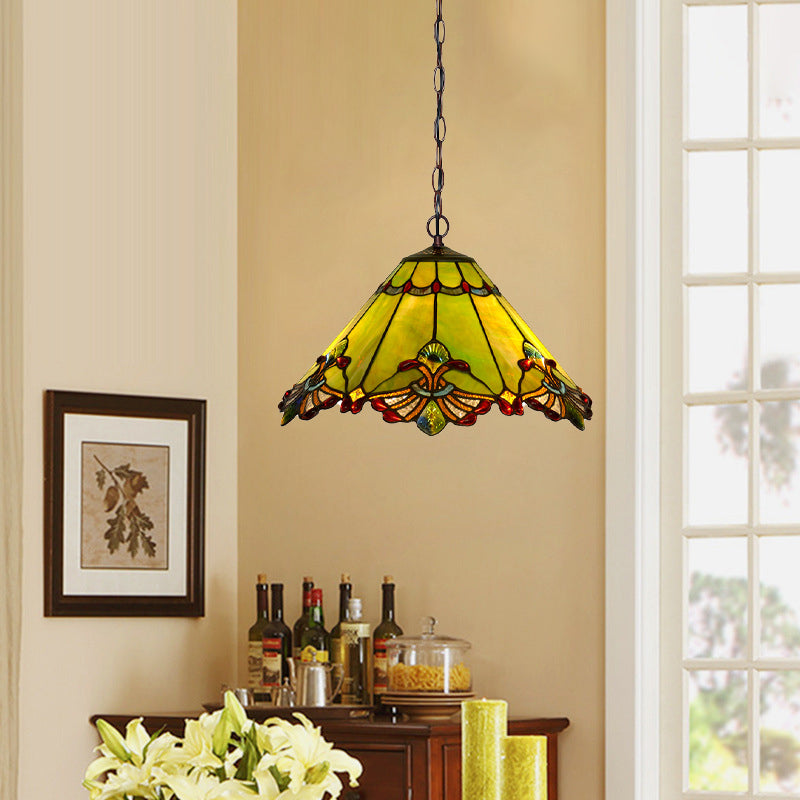 Traditional Tiffany Cone Butterfly Dragonfly Metal Stained Glass 1-Light Pendant Light For Living Room
