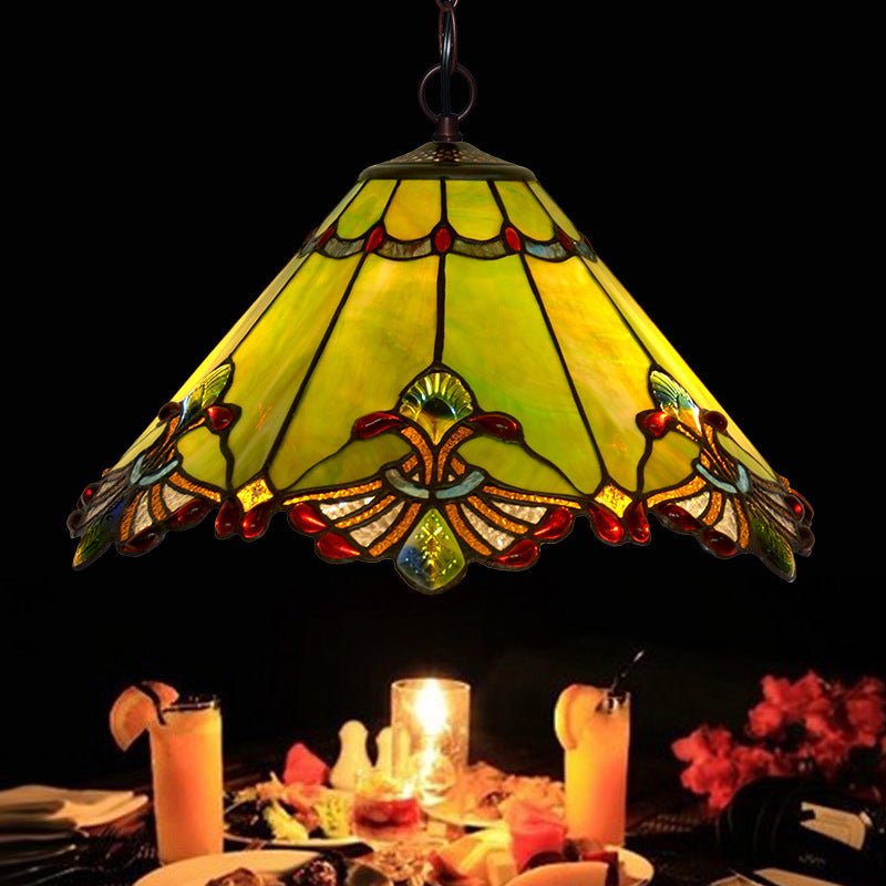 Traditional Tiffany Cone Butterfly Dragonfly Metal Stained Glass 1-Light Pendant Light For Living Room