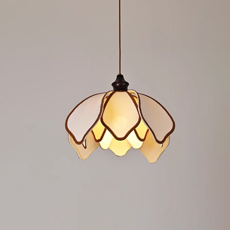 Traditional French Multi Layered Petal Fabric Shade Wood 1-Light Pendant Light For Living Room