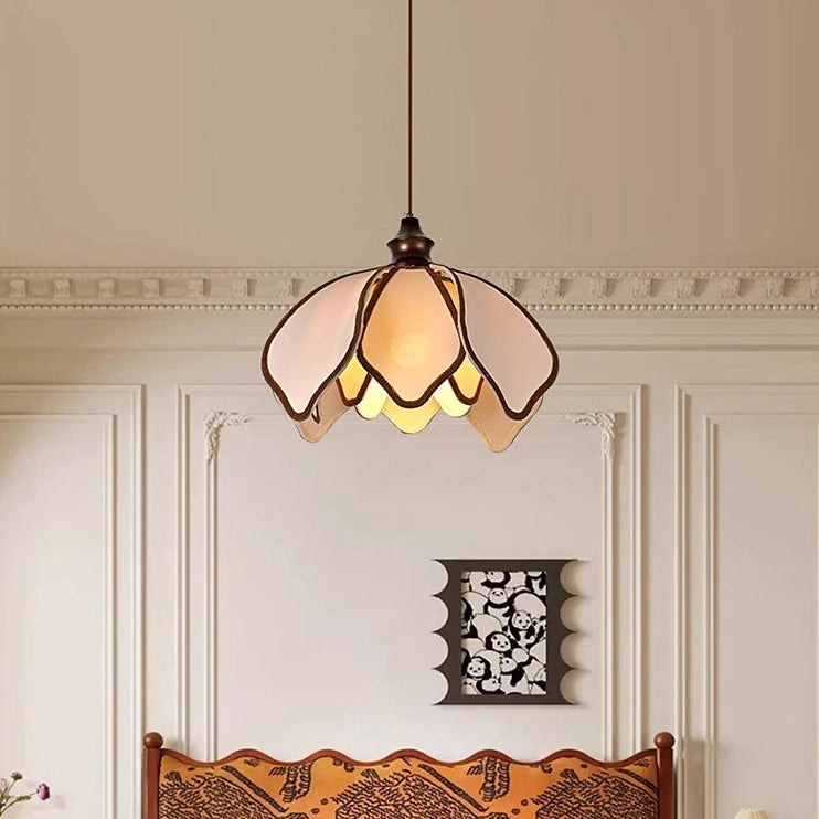 Traditional French Multi Layered Petal Fabric Shade Wood 1-Light Pendant Light For Living Room