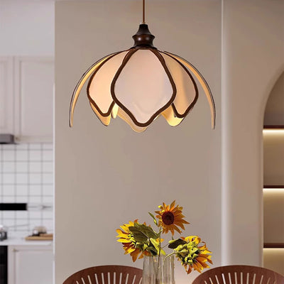 Traditional French Multi Layered Petal Fabric Shade Wood 1-Light Pendant Light For Living Room