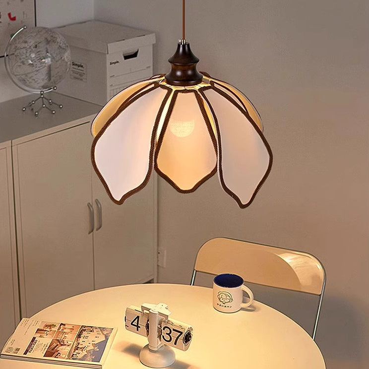 Traditional French Multi Layered Petal Fabric Shade Wood 1-Light Pendant Light For Living Room