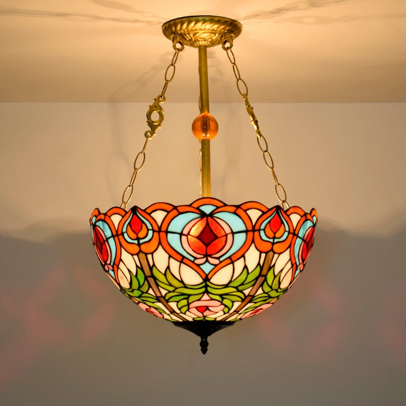 Traditional Tiffany Round Dome Peach Iron Stained Glass Shade 3-Light Chandelier For Living Room