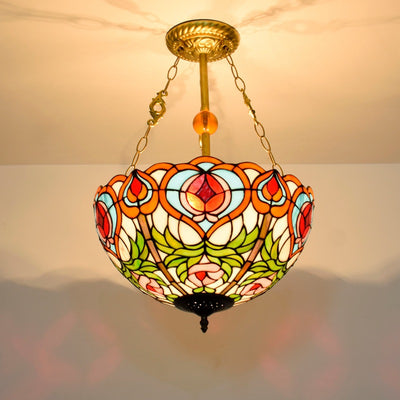 Traditional Tiffany Round Dome Peach Iron Stained Glass Shade 3-Light Chandelier For Living Room