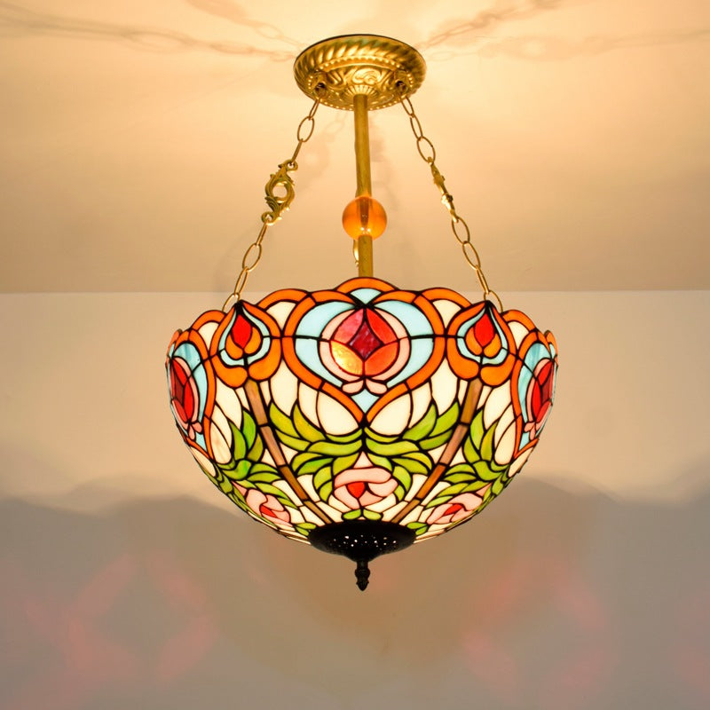 Traditional Tiffany Round Dome Peach Iron Stained Glass Shade 3-Light Chandelier For Living Room