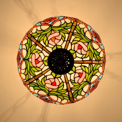 Traditional Tiffany Round Dome Peach Iron Stained Glass Shade 3-Light Chandelier For Living Room