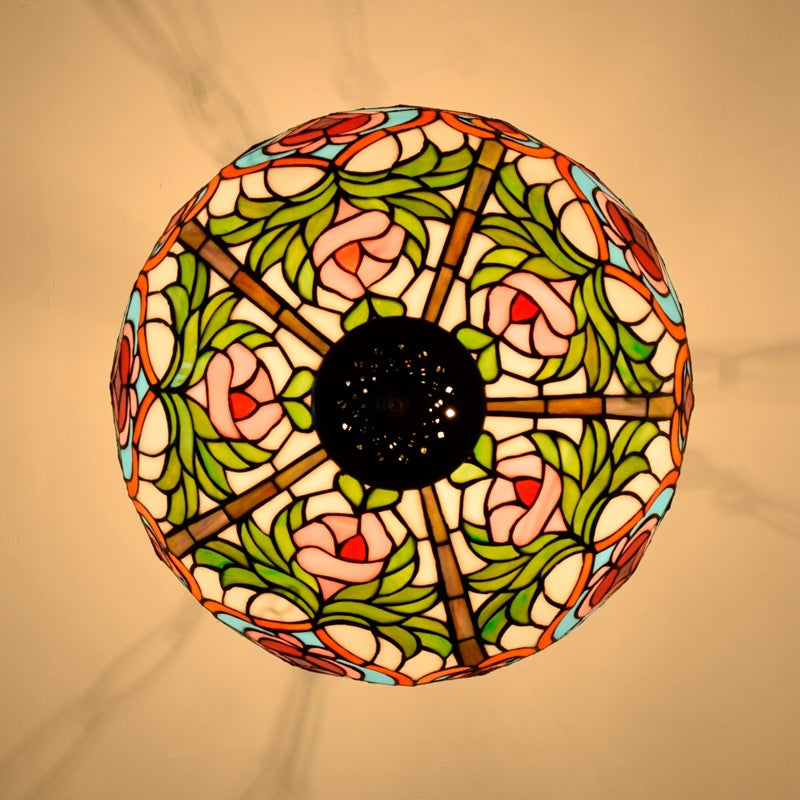 Traditional Tiffany Round Dome Peach Iron Stained Glass Shade 3-Light Chandelier For Living Room