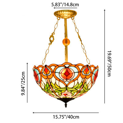 Traditional Tiffany Round Dome Peach Iron Stained Glass Shade 3-Light Chandelier For Living Room
