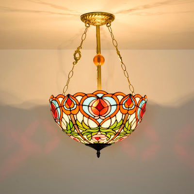 Traditional Tiffany Round Dome Peach Iron Stained Glass Shade 3-Light Chandelier For Living Room
