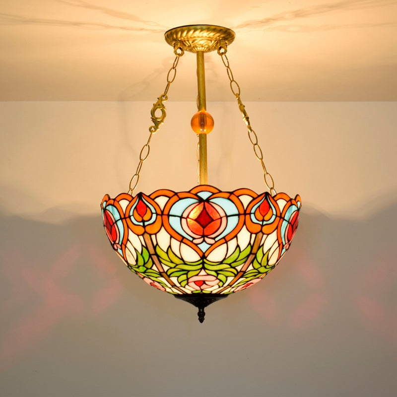 Traditional Tiffany Round Dome Peach Iron Stained Glass Shade 3-Light Chandelier For Living Room