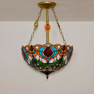 Traditional Tiffany Round Dome Peach Iron Stained Glass Shade 3-Light Chandelier For Living Room