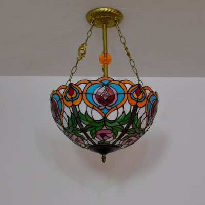 Traditional Tiffany Round Dome Peach Iron Stained Glass Shade 3-Light Chandelier For Living Room