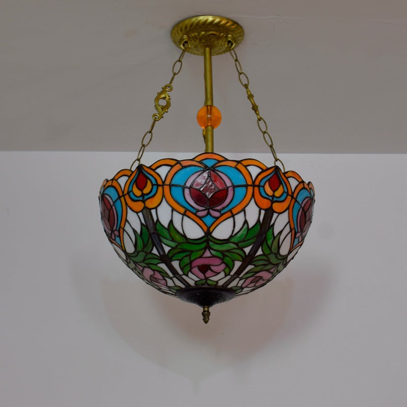 Traditional Tiffany Round Dome Peach Iron Stained Glass Shade 3-Light Chandelier For Living Room