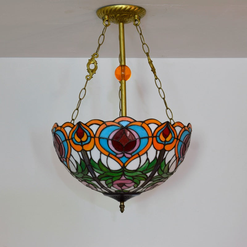 Traditional Tiffany Round Dome Peach Iron Stained Glass Shade 3-Light Chandelier For Living Room