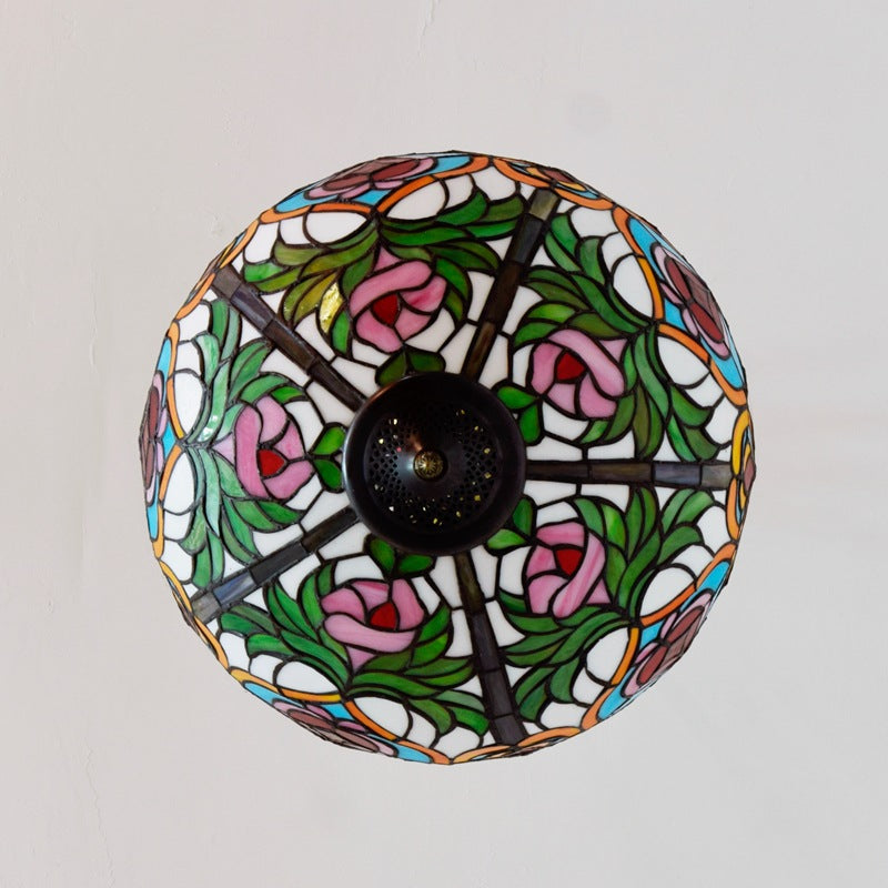 Traditional Tiffany Round Dome Peach Iron Stained Glass Shade 3-Light Chandelier For Living Room