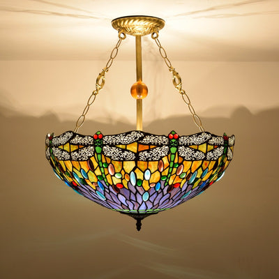Traditional Tiffany Round Dome Dragonfly Iron Stained Glass 3-Light Chandelier For Living Room
