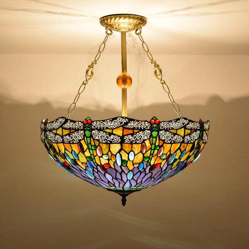 Traditional Tiffany Round Dome Dragonfly Iron Stained Glass 3-Light Chandelier For Living Room