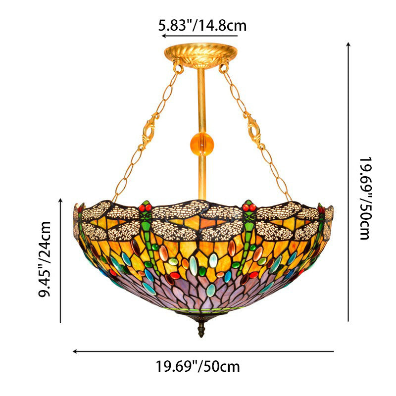 Traditional Tiffany Round Dome Dragonfly Iron Stained Glass 3-Light Chandelier For Living Room