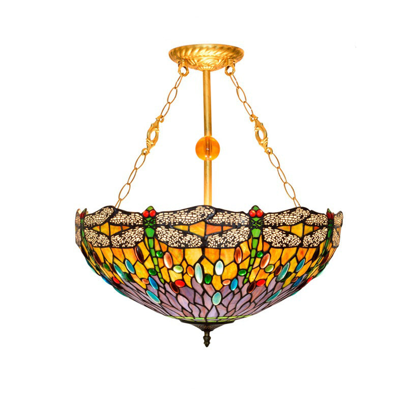 Traditional Tiffany Round Dome Dragonfly Iron Stained Glass 3-Light Chandelier For Living Room