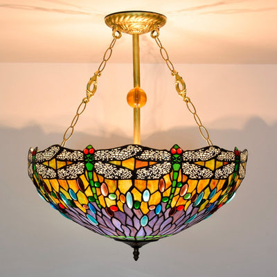 Traditional Tiffany Round Dome Dragonfly Iron Stained Glass 3-Light Chandelier For Living Room
