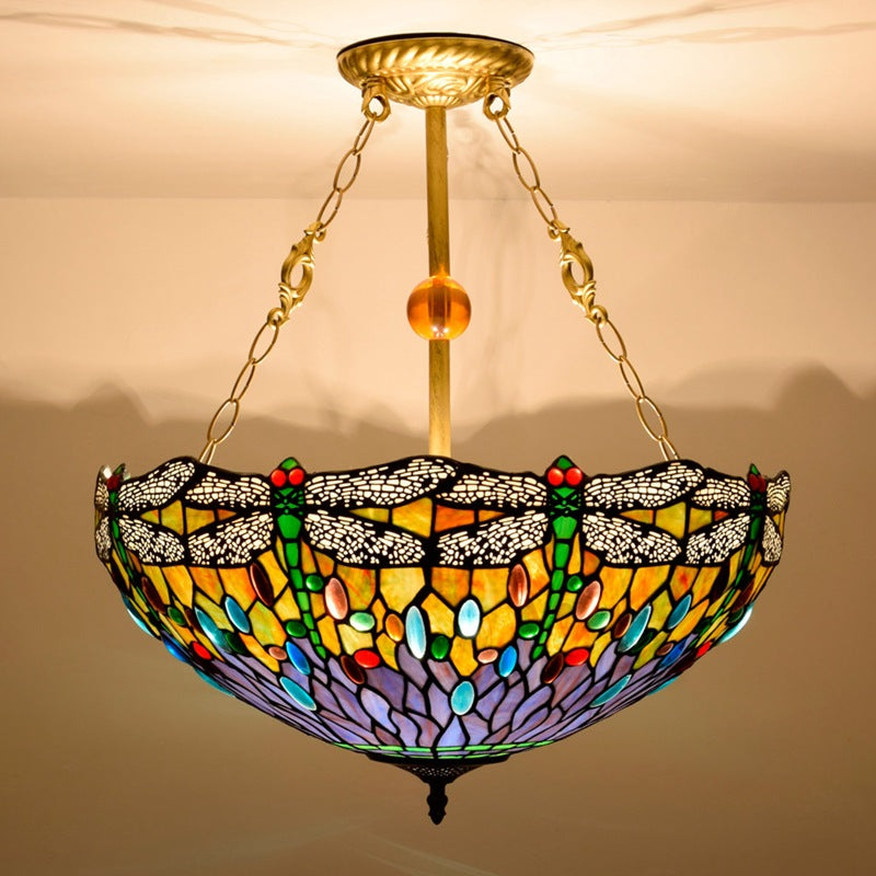 Traditional Tiffany Round Dome Dragonfly Iron Stained Glass 3-Light Chandelier For Living Room