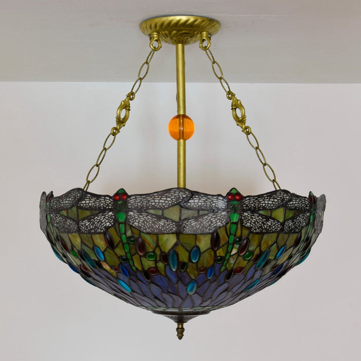 Lustre à 3 lumières en verre teinté fer dragonfly à dôme rond traditionnel Tiffany pour salon 