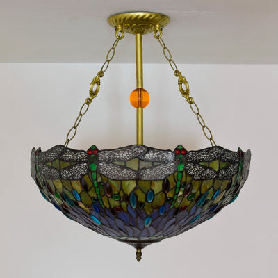 Traditional Tiffany Round Dome Dragonfly Iron Stained Glass 3-Light Chandelier For Living Room