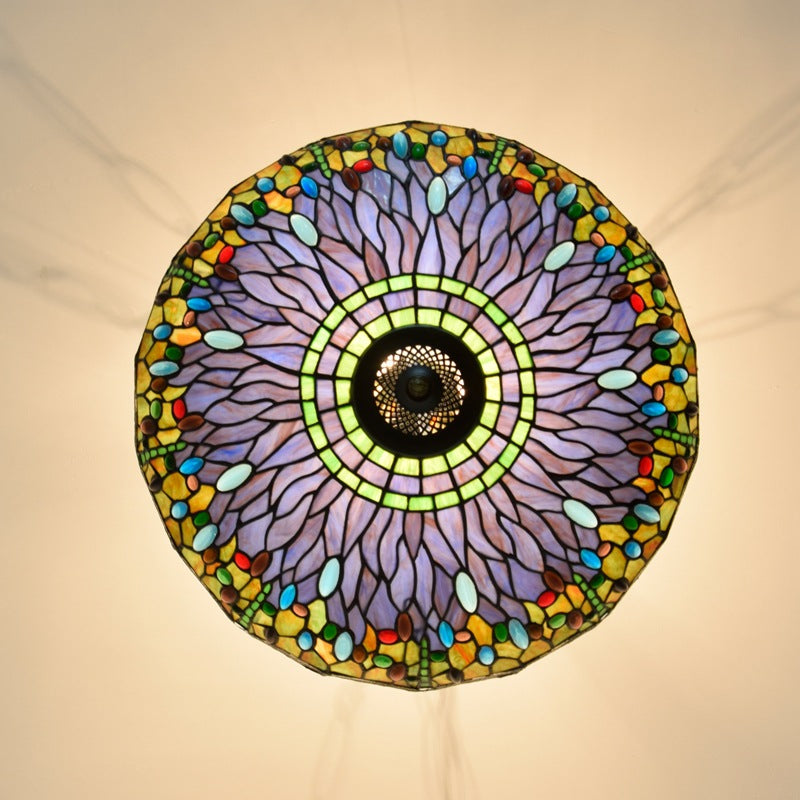 Traditional Tiffany Round Dome Dragonfly Iron Stained Glass 3-Light Chandelier For Living Room
