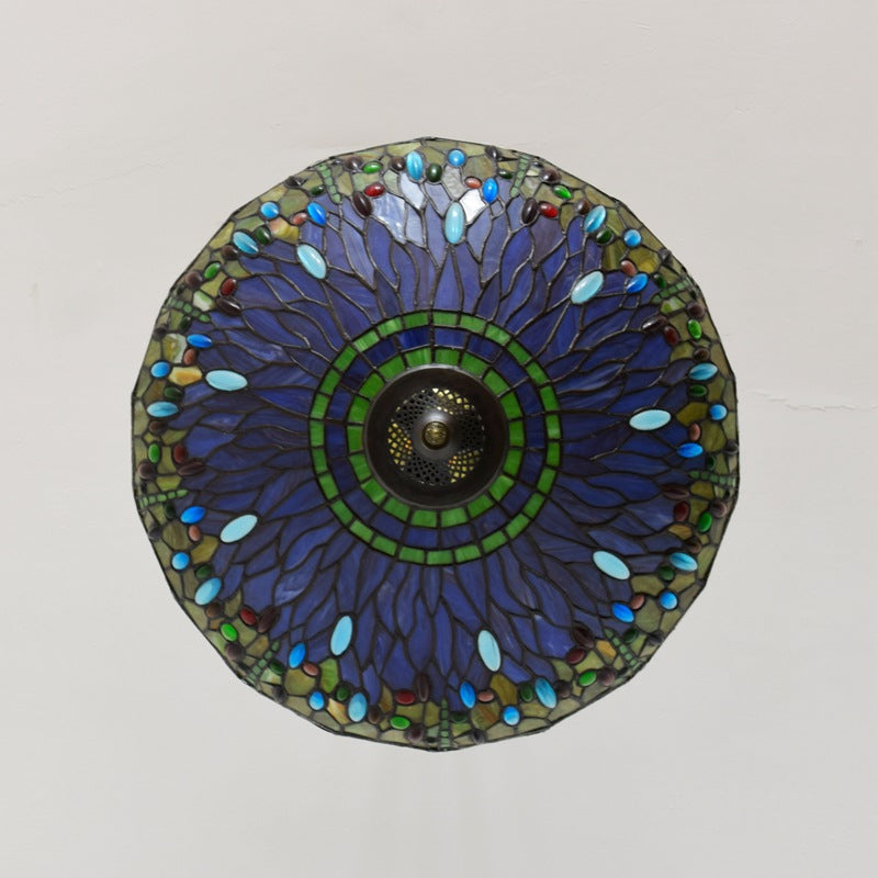 Traditional Tiffany Round Dome Dragonfly Iron Stained Glass 3-Light Chandelier For Living Room