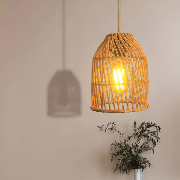 Traditional Chinese Round Cage Rattan 1-Light Pendant Light For Living Room
