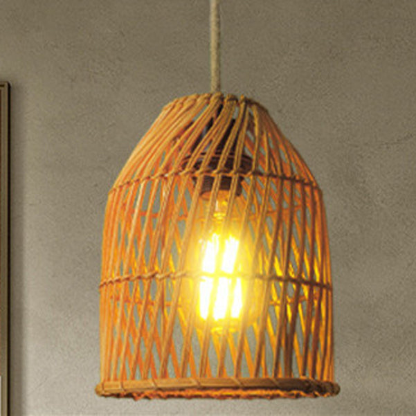Traditional Chinese Round Cage Rattan 1-Light Pendant Light For Living Room