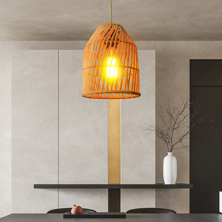 Traditional Chinese Round Cage Rattan 1-Light Pendant Light For Living Room