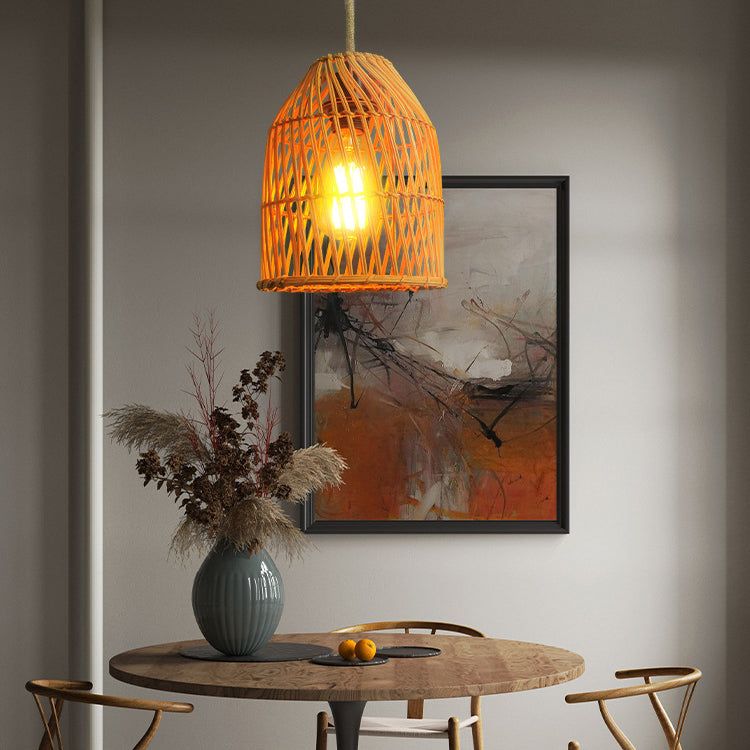 Traditional Chinese Round Cage Rattan 1-Light Pendant Light For Living Room